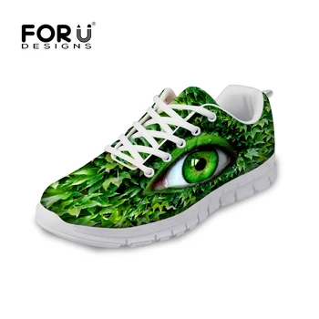 

FORUDESIGNS Big Green Eyes Pattern Women Casual Flats Shoes Autumn Ladies Lace-up Leisure Shoes for Teenage Breathable Flat Shoe