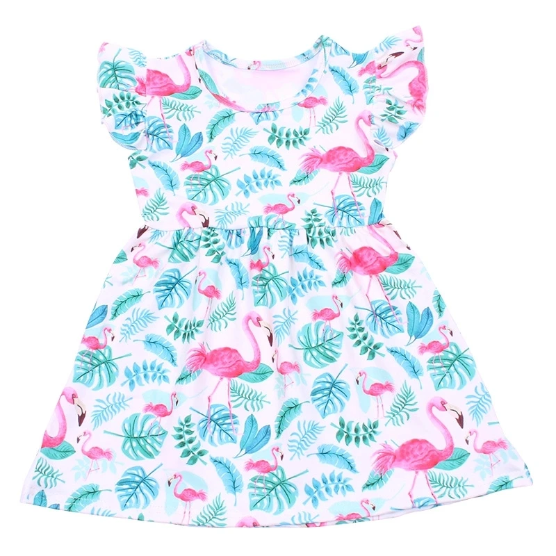 

Fresh Color Waist Slim Children's Clothes Flamigo Forest Printed Girls Frocks Knee Length Dress For Toddlers Customized Clothing