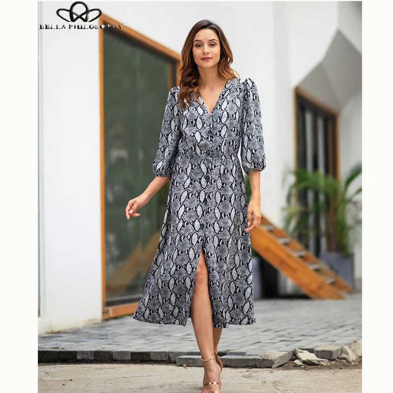 

Bella Philosophy 2018 Bohemian Autunm dress Serpentine V-collar Lady dress fashion dress Three Quarter sleeves female dress