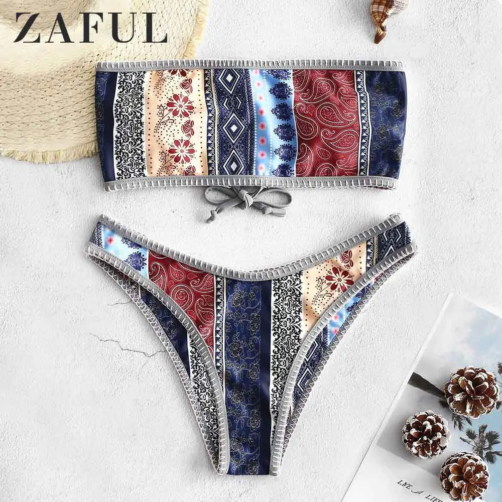 Женский купальник-бикини ZAFUL на шнуровке с цветочным принтом без бретелек пуш-ап