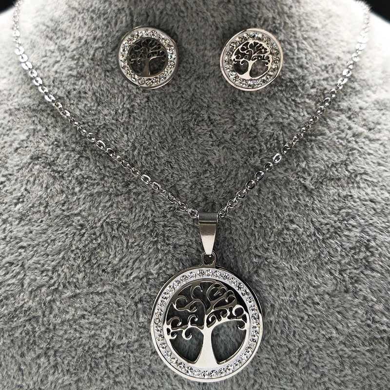 Серебряный цвет Древо жизни набор ювелирных изделий для женщин Кристалл нержавеющая сталь серьги ожерелье наборы conjunto de joyas S176191