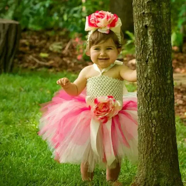 Baby girl dress headwear Handmade Sweet Princess First Birthday Wedding Flowers Tutu Dresses with Flowers Headdress