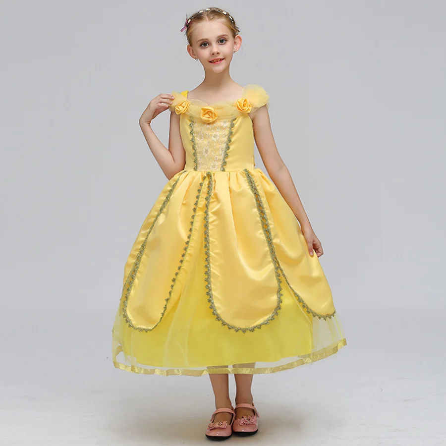 Cartoon Girls Belle Dress Kids Yellow Fancy Dress for Cosplay Costume Beauty Beast Ball Gown Kids Carnival Halloween Dresses (2)