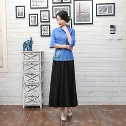 Синий классический китайский женский тонкая рубашка Леди традиционной блузка с принтом Винтаж ручной работы и пуговицы Топы