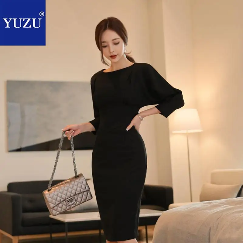 Black Dress Elegant Office Women Formal Pencil Solid Three Quarter