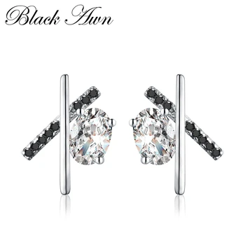 

Trendy Genuine 100% 925 Sterling Silver Jewelry "X" Timeline Black&White Stone Wedding Stud Earrings for Women T056