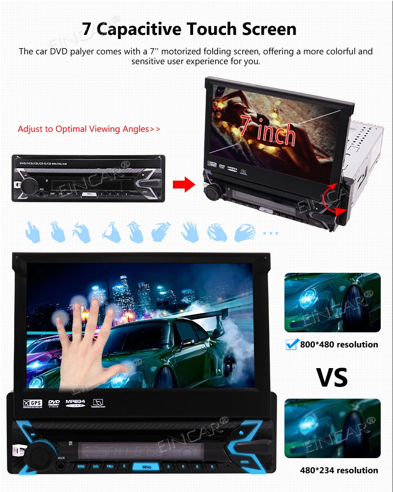 Best Single 1 Din Car Stereo DVD Player Head unit with 7 inch Capacitive Touch Screen support GPS Navigation Bluetooth USB SD AM FM 2