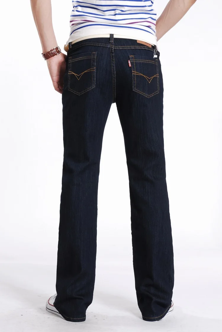 Новые винтажные однотонные мужские осенние повседневные джинсы из денима средней талией тонкие расклешенные брюки мужские джинсы Уличная одежда
