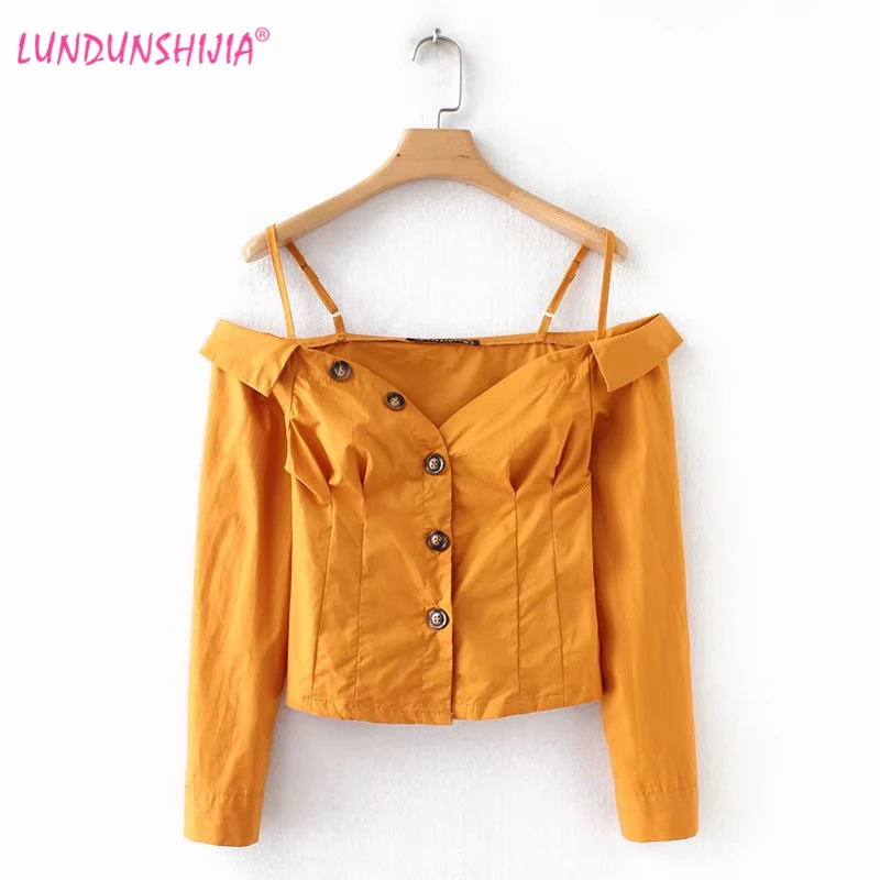 

LUNDUNSHIJIA 2018 Autumn European Boat Neck Bare Shoulders Shirt Ladies Shirt Long Sleeve Tops Women's Yellow Elegant Blouses
