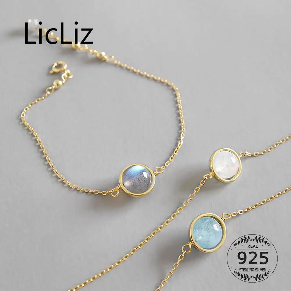 

LicLiz 2019 925 Sterling Silver Grey Moonstone Bracelets for Women Adjustable 18K Gold Link Chain Blue Aquamarine Jewelry LB0140