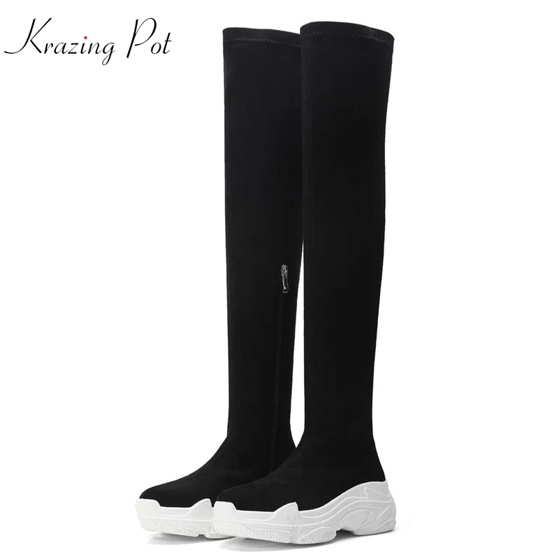 

Krazing Pot velvet flock thick bottom waterproof beauty zip superstar stretch thin leg vintage wedges over-the-knee boots L88