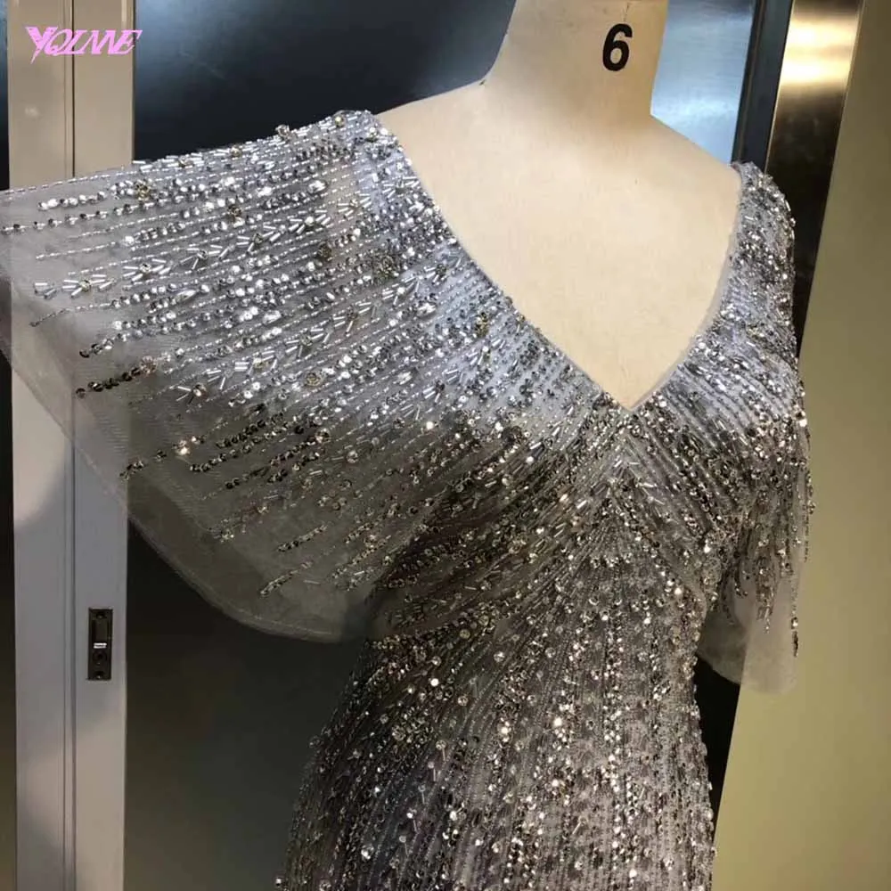 YQLNNE Элегантный Золотой V образным вырезом вечернее платье Длинные Кристаллы бисером Русалка вечернее платье Robe De Soiree