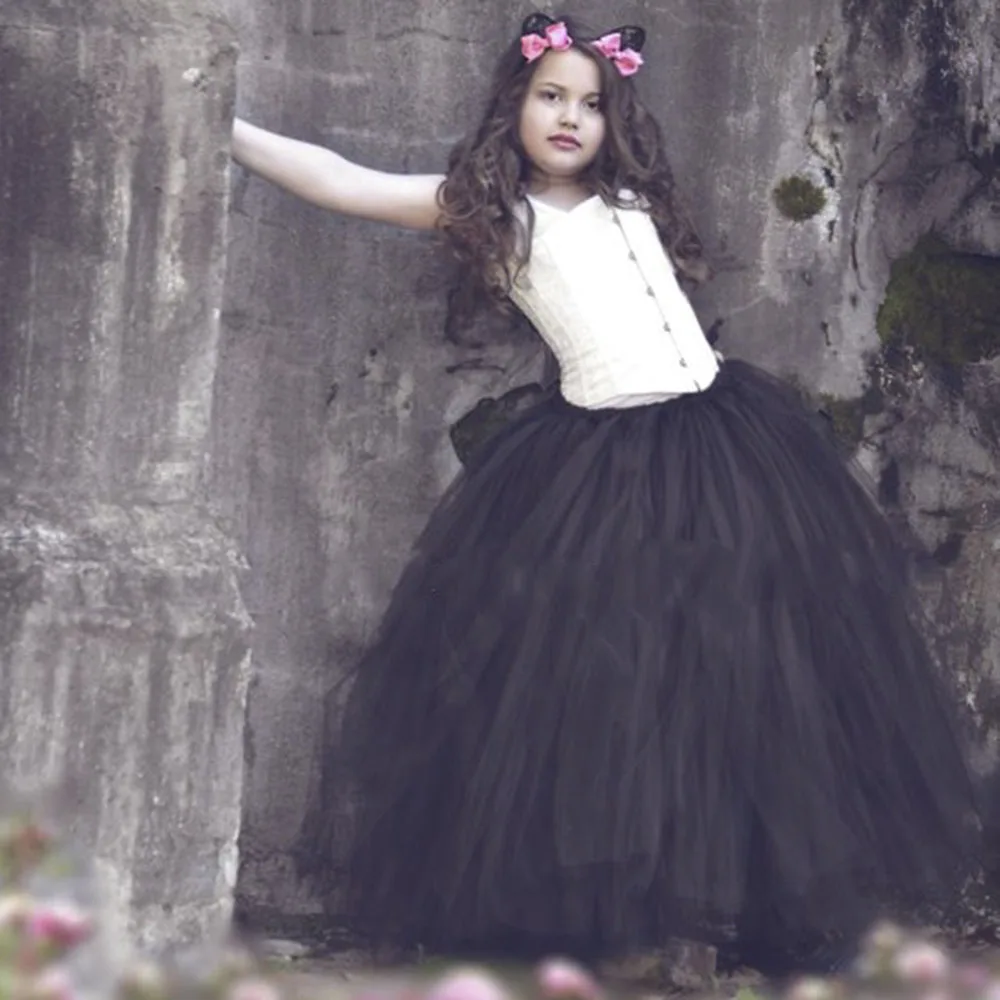 Black Solid Girls Tutu Skirt Kids Long Princess Girls Tutu Skirt Fluffy Cat Girls Halloween Party Cosplay Tulle Skirts Clothes (3)