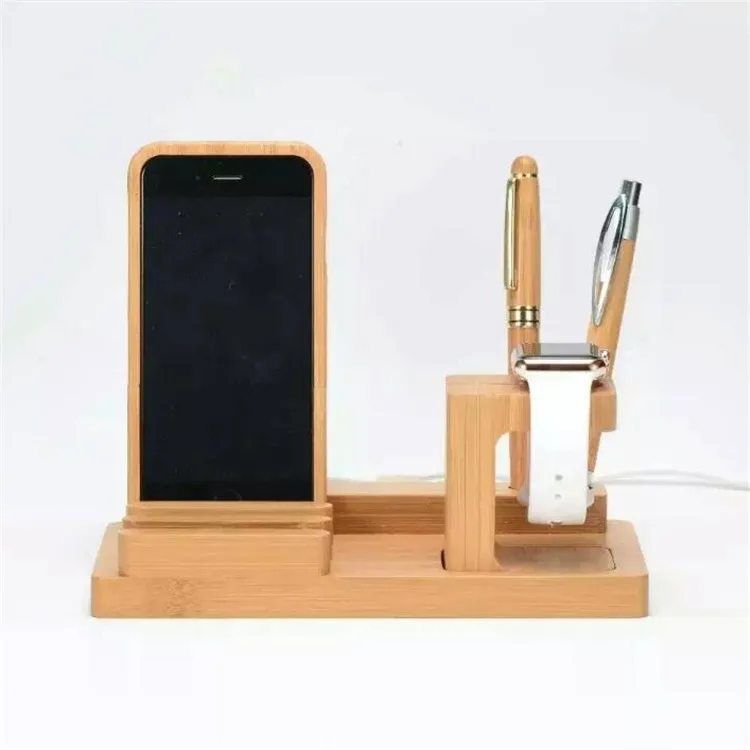 Newest for i Watch iPhone Charging Holder Stand, Natural Bamboo Wood Charge Station Charging Dock Cradle Stand Holders4