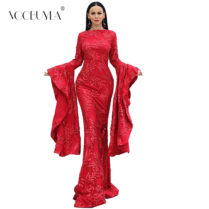 

Voobuyla 2019 Sexy Women Spring O Neck Flare Sleeve Dress Fashion Solid Out Glitter Elegant Dress Vintage Evening Party Dress XL