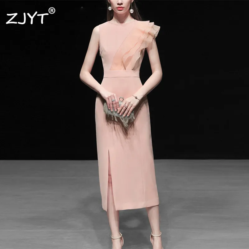 

Elegant Office Lady Summer Dress Women 2019 Fashion Designer Sleeveless Ruffles Slim Straight Mid Calf Dress vestidos robe femme