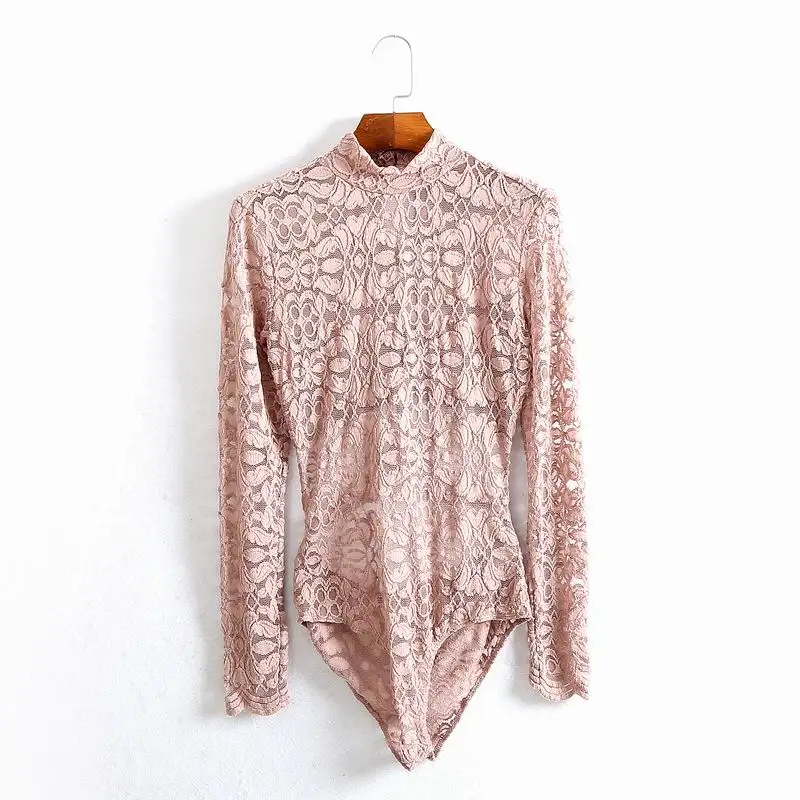 

2018 New Fashion Women Sexy Long Sleeve Lace Stand Collar Base Slim Bodysuits Lady Backless Catsuits Female Elegant Overalls