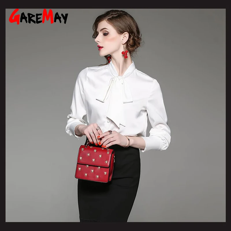 Белые Формальные Рубашки для женщин, офисная одежда, Blusas, весна, Элегантная блузка, шелк, атлас, женские блузки, Топ с длинным рукавом