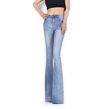 FREE SHIPPING 2016 Autumn New All Match Light Blue Cotton Denim Micro Bell Bottoms Jeans Lengthen Bigfoot Pants Trousers Women