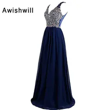 New Fashion A-Line V-neck Floor Length Chiffon With Beads Long Evening Dresses 2017 Sleeveless Sexy Party Prom Dresses