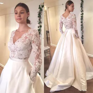 LORIE Long Sleeve Wedding Dress V Neck a Line Appliques Lace Top Satin Skirt Wedding Gown with Pocket Custom Made Bride Dress