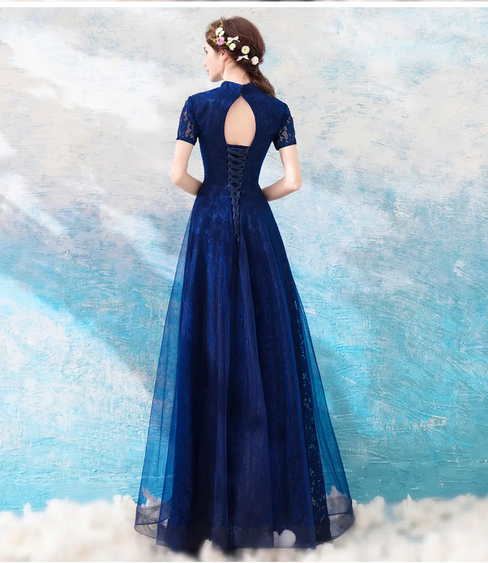 2019 Новое поступление Элегантный Восточный небольшой Стенд Collor кружева цветок темно синий Мать платье 128