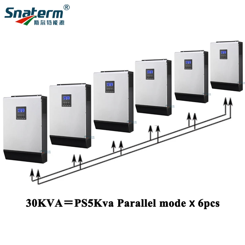 

30KVA 24KW Solar Hybrid Power Inverter 6pcs*48V 50A PWM 48Vdc 220Vac Off Grid Inverter 50A AC Battery Charger Free Parallel Card