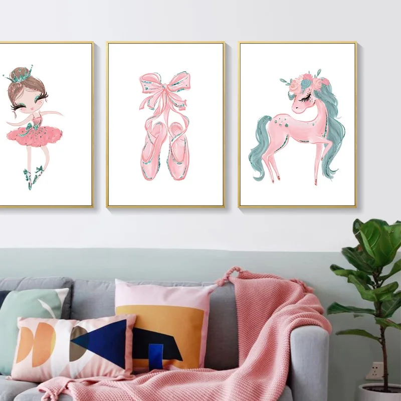 

Cartoon Ballet Princess Nursery Unicorn Wall Art Canvas Painting Nordic Poster Wall Pictures For Baby Girl Room Decor Unframed