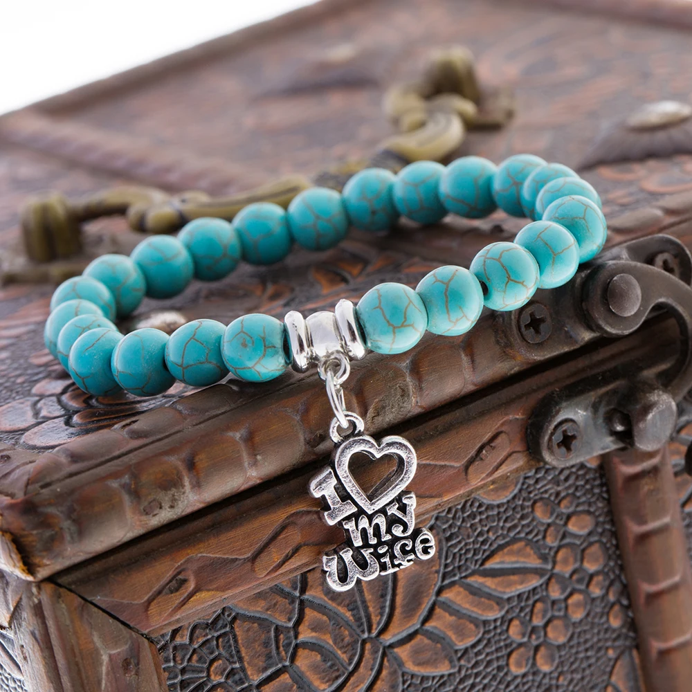 12PC/Lot Hot I Love My Wife Heart Charms Bracelet Natural Stone Beads