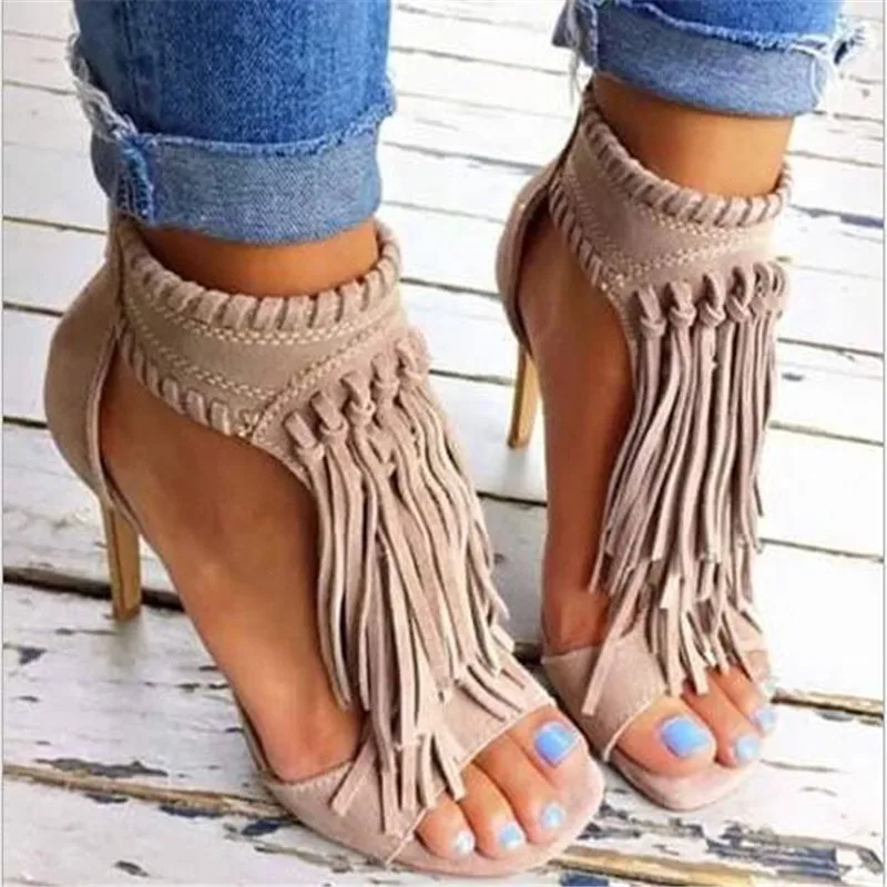 

2019 Classic Flock Sandals Women Fringe Thin High Heels Gladiator Zipper Solid Shallow Cover Heel Dress Black Size35-43