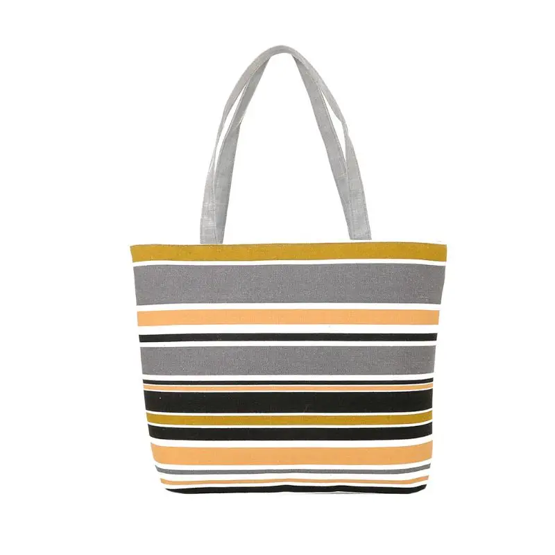 Женская летняя пляжная сумка на плечо, модная сумка в полоску из парусины, Большая вместительная сумка на молнии - Цвет: 4