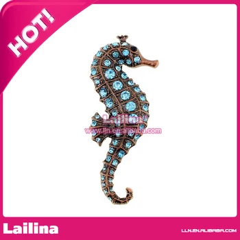 

Animal wholesale copper tone hippocampus with blue rhinestone crystal brooch pin