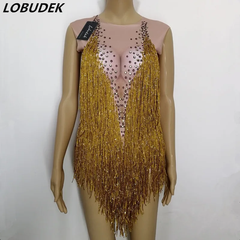 

Gold Tassel Sparkly Crystals Bodysuit Stretch Leotard Bodysuit Bar Female DJ Singer stage Costume Dance Group performance Outfit