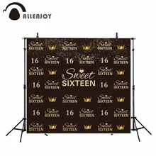 Allenjoy – arrière-plan pour anniversaire, mignon, couronne dorée noire de 16 ans, bokeh, décoration de fête pour filles, arrière-plan photo, tournage vidéo