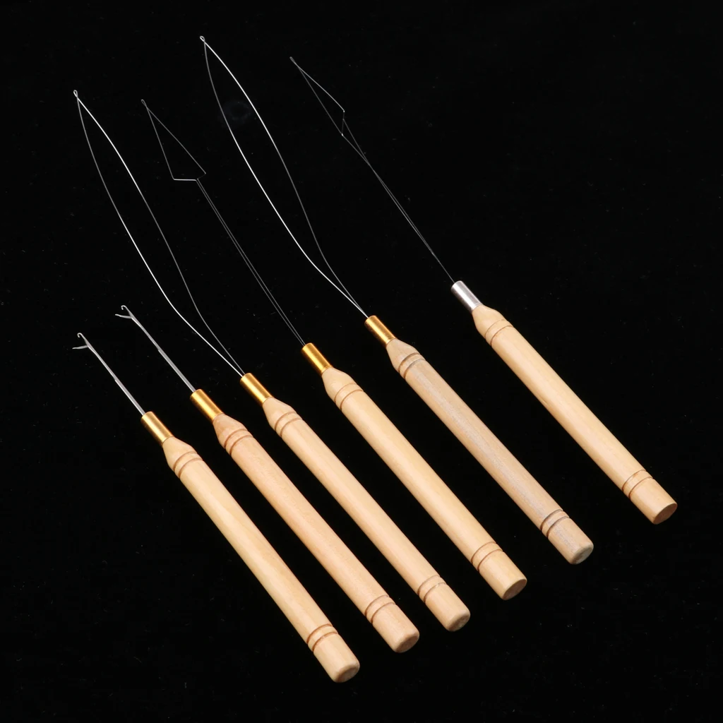 6Pcs/Set Wooden Hair Extensions Loop Needle Threader Wire Pulling Hook Tool for Beads