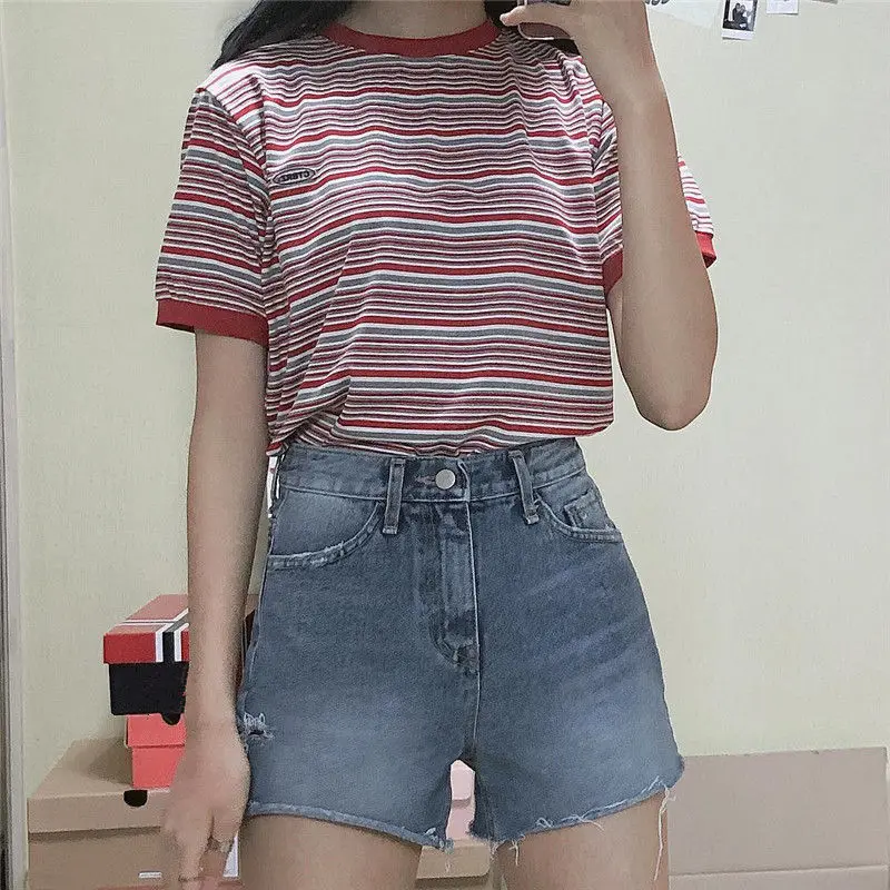 

Short Sleeve Striped Summer Korean Ulzzang T-shirt Women Casual Vintage O-neck T Shirt Female Tshirt Vogue Tops Tee