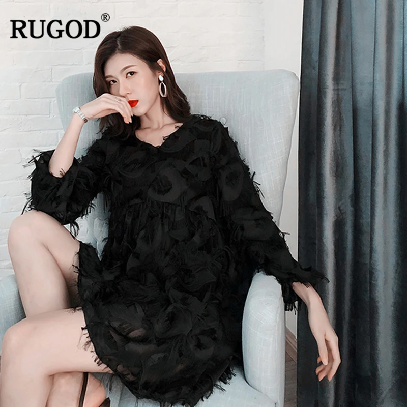 

RUGOD 2019 New Solid Women Dress Tassel Loose V-Neck Women Midi Dress Casual A-Line Fashion Autumn Dress vestidos mujer