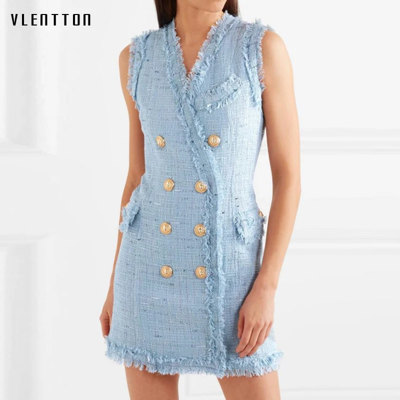 

2019 Designer Tweed Women's Dresses Office lady Sleeveless Double Breasted Fringe Tassel Colors Summer Party Dress Women Vestido