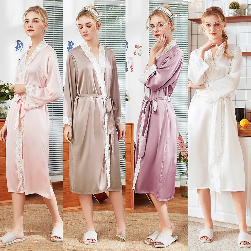 

Newest Design Silk-like Robes For Ladies Bathrobe Spring And Summer Long-style Morning Robe Home Clothes Women's Robe