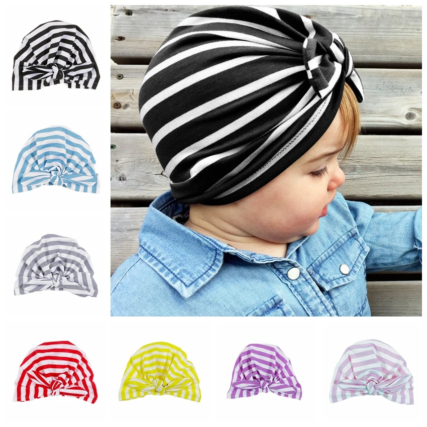 Nishine полосатая шапочка с бантом для девочек, шапка бини, весна-осень, тюрбан для новорожденных, Детские аксессуары для волос шляпы, подарок на день рождения - Цвет: random color