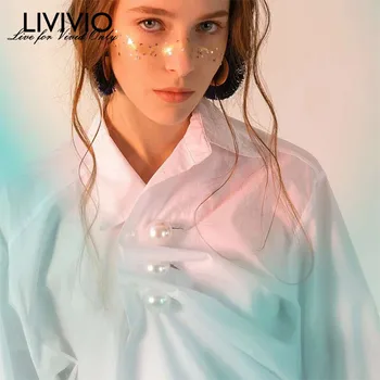 

[LIVIVIO] Kimono Irregular Pearl Buttons Long Sleeve Black White Shirt Women 2019 Summer Clothes Streetwear Korean Clothing