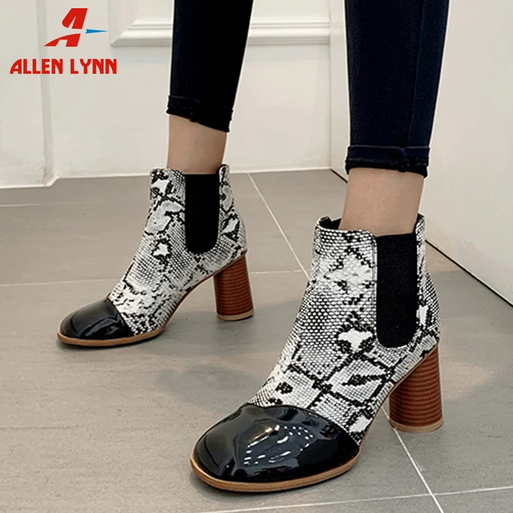 

ALLENLYNN Ankle Boots 2019 Autumn Winter Snake Prints Mixed Colors High Heels Slip On Ladies Ankle Boots Woman Plus Size 32-48