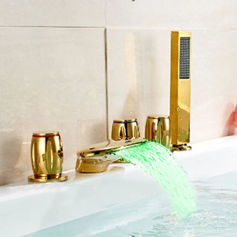 

Newly US Free Shipping LED Light Bathtub Faucet Shower Faucet Set Golden Finished With Handheld Shower Mixer Tap Deck Mount
