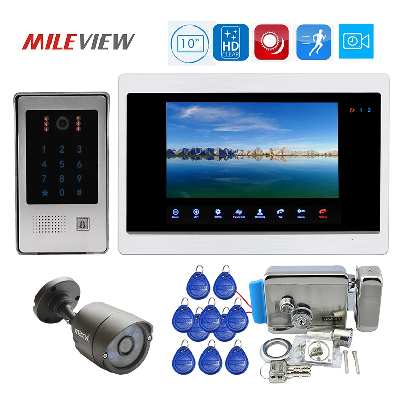 

Free Shipping 1200TVL HD 10" Video Door Phone Intercom Record Monitor Kit RFID Code Keypad Unlock Doorbell Camera Electric Lock