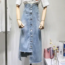 Новинка, Весенняя женская однобортная джинсовая юбка с высокой талией, Супер горячая длинная джинсовая юбка, студенческие ковбойские юбки