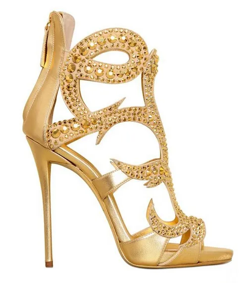 Newest Fashion Big Size 10 Women shoes Golden luxury Crystal zipper High Heel Peep Toe Dress