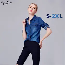Женская джинсовая рубашка с длинным рукавом Кнопка подпушка рубашка блузка Классическая джинсы для женщин 2019 хлопок тонкий топы