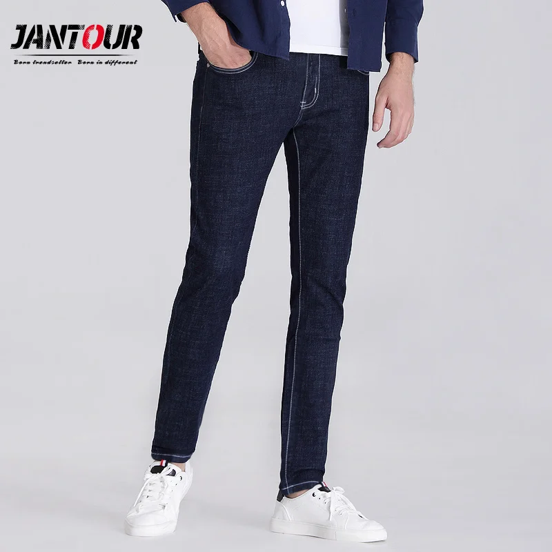 

jantour 2017 luxury Men's brand blue black jeans men cotton skinny Slim Solid color Casual Stretch Denim jean mens Pants male