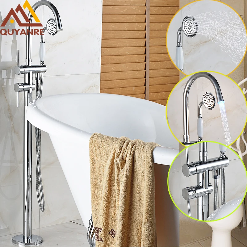 

Bright Chrome Solid Brass Floor Standing LED Faucets Dual Handles Waterfall Spout With Handshower Bathroom Tub Shower Mixer Tap