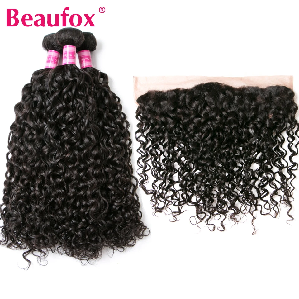 Beaufox Brazilian Water Wave Bundles With Frontal Closure 3pcs Human Hair Bundles With Closure Remy Lace Frontal With Bundles